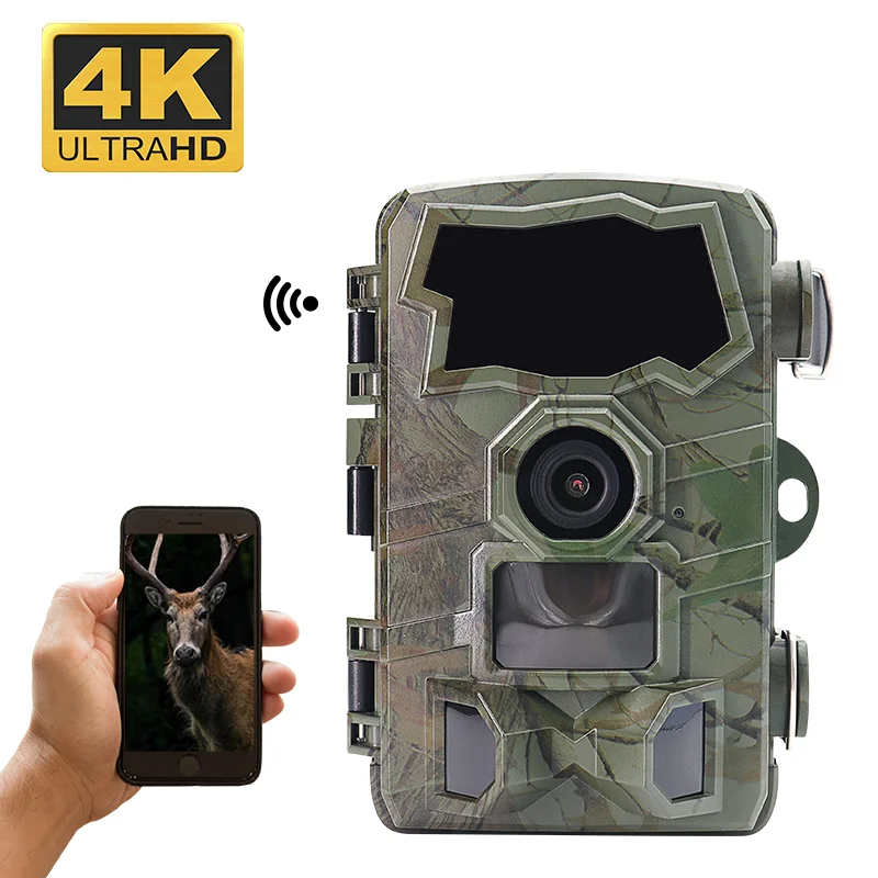 4K WiFi Wildlife Hunting Camera, controle remoto, Bluetooth Trail Camera, 0.2S disparadores rápidos, visão noturna, monitor de segurança ao ar livre