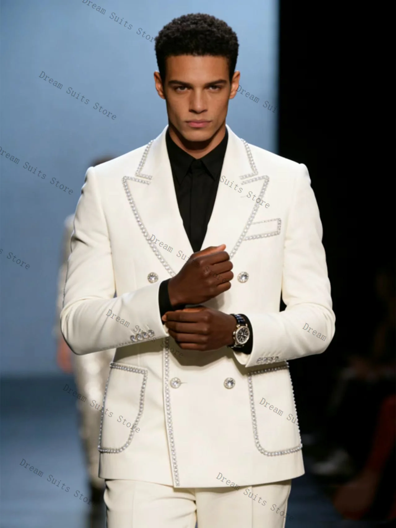 

White Crystals Men Suit Set 2 Pcs Cotton Blazer+Pants Trousers Customized Spring Formal Office Jacket Wedding Tuxedos Prom Coat