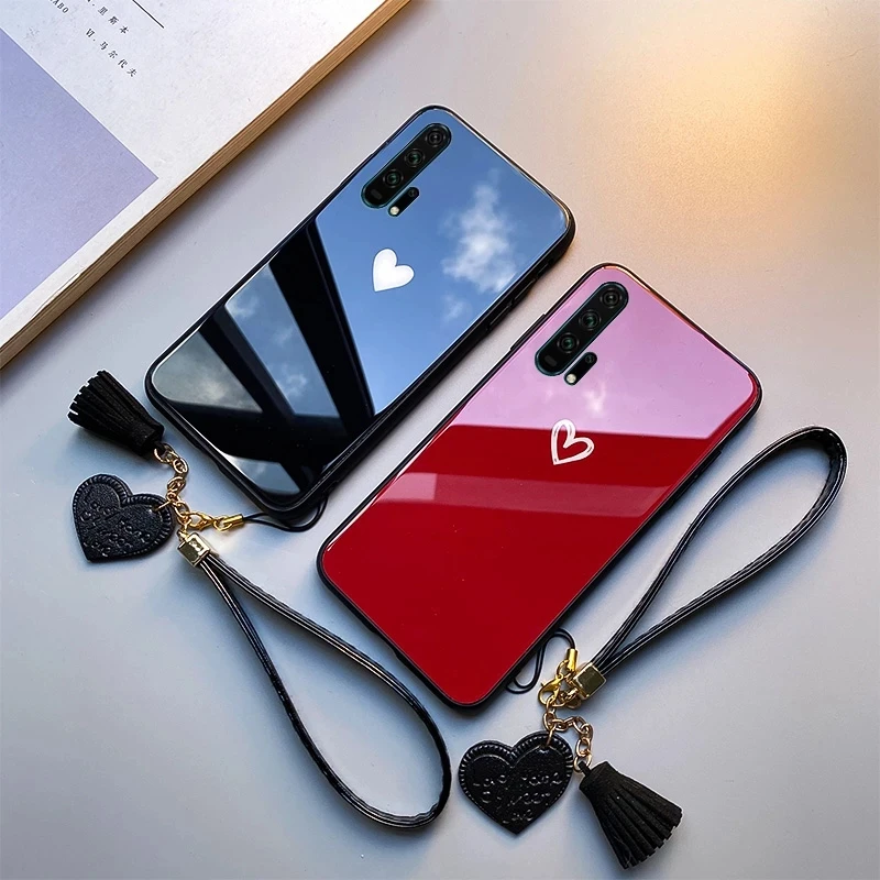 For Samsung Galaxy A7 A8 A6 A9 2018 Case Free strap Red Black Heart Hard Glass Cover For Samsung A6 A8 Plus 2018 Casing