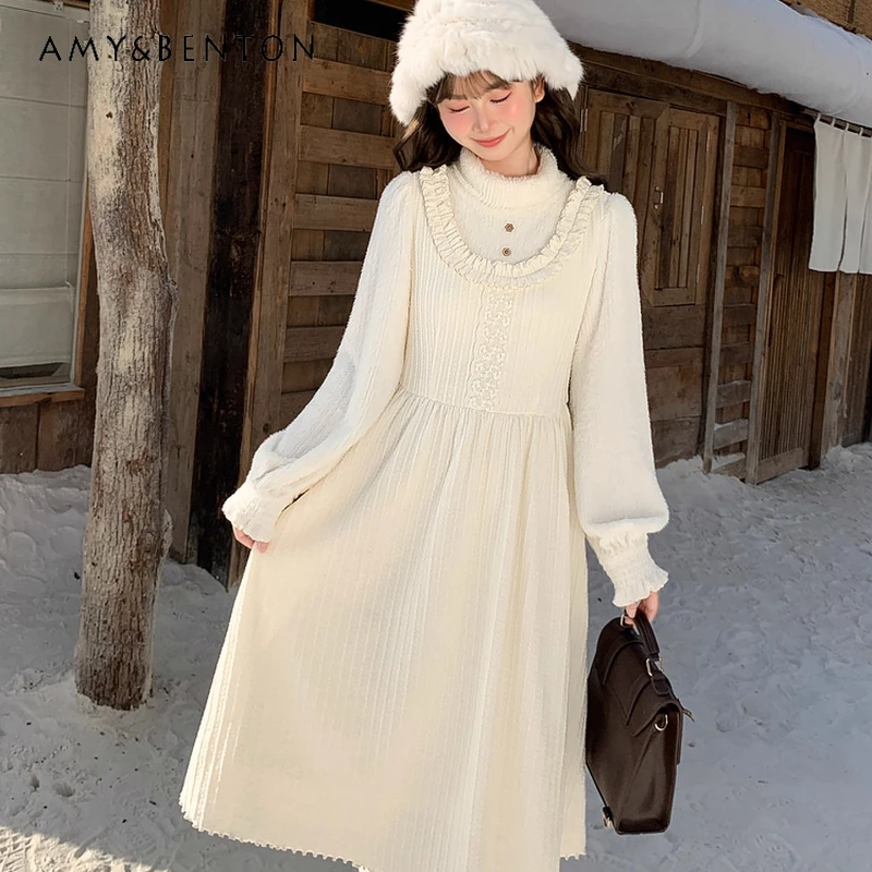

Korean Sweet Gentle Wind Half High Collar Long Sleeve Women's Dress Autumn Winter New Versatile Large Hem A-line Dresses Ladies