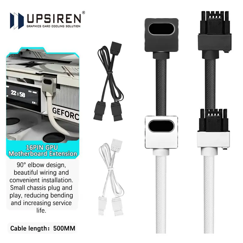 

Модульный кабель UPSIREN для GPU, 16-контактный, 12VHPWR ARGB с 5-контактным разъемом 12V, 18AWG, 90 градусов ° Угловой разъем «папа-папа», 5090/3070 не применимо