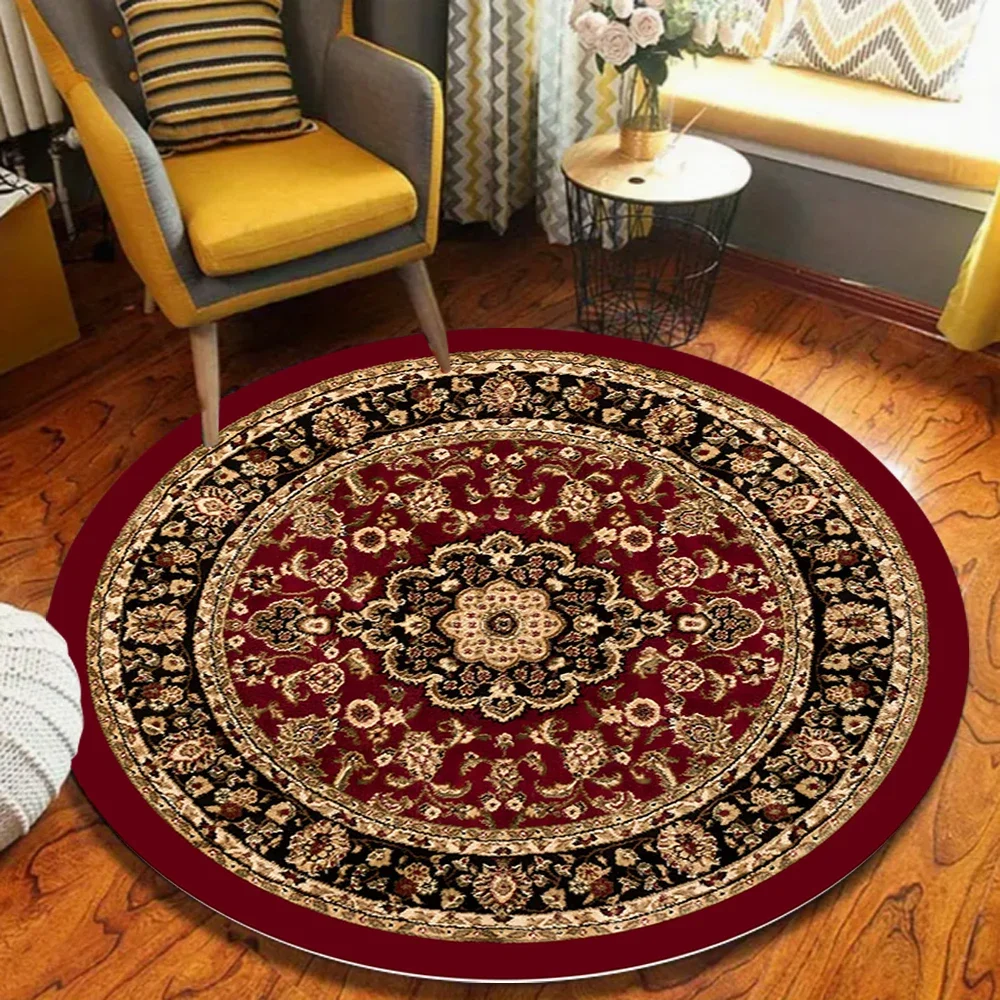 Traditional Oriental Persian Pattern Round Area Rug Vintage Burgundy Soft Floor Carpet for Living Rooms Leisure Relaxation Zones