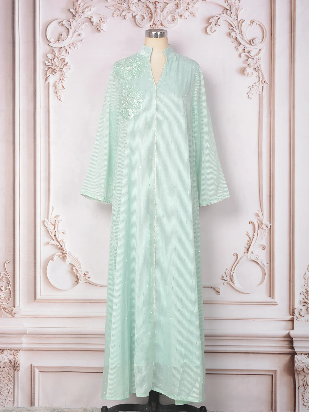 

Uni Dubai Elegant Floral Beading Dress Muslim Mesh Sleeve V-Neck Abayas Long Dresses Modest