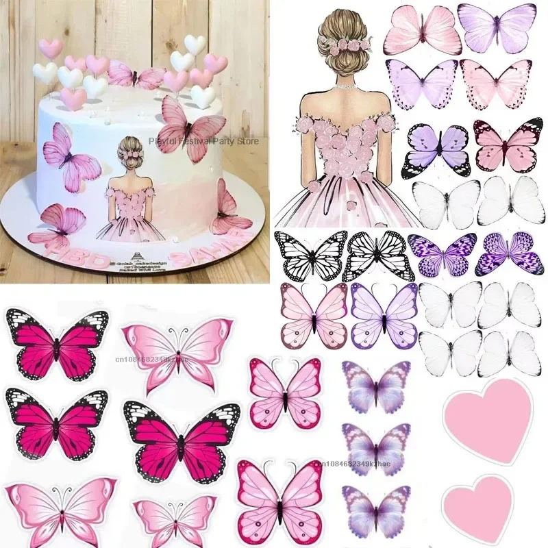 Purple Pink Butterfly Cake Decoration Happy Birthday Topper Handmade Painted for Wedding Party Wedding Decoration Party Gifts