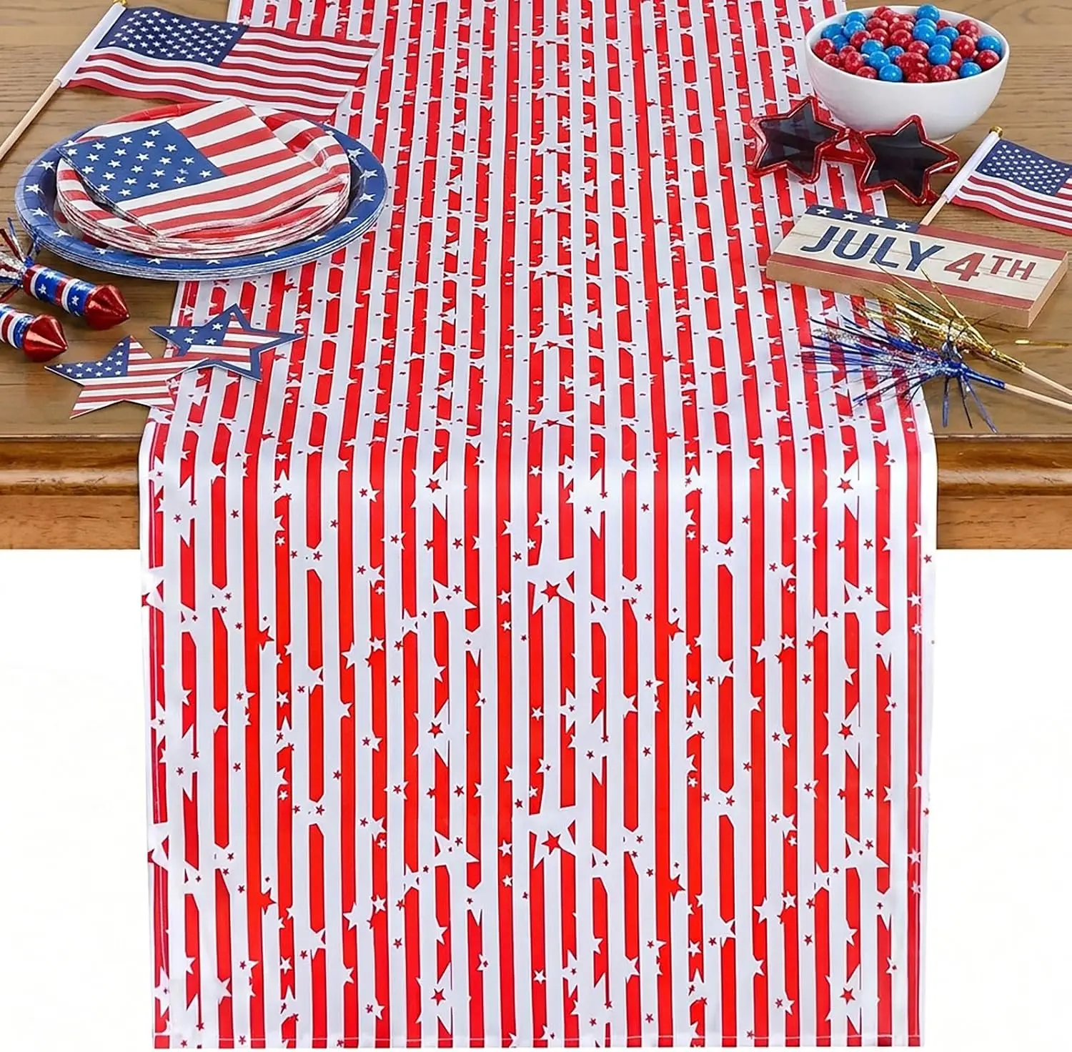 Independence Day 4th of July Red White Striped Star American Flag Table Runner, Holiday Party Celebration Dresser Scarf Decor
