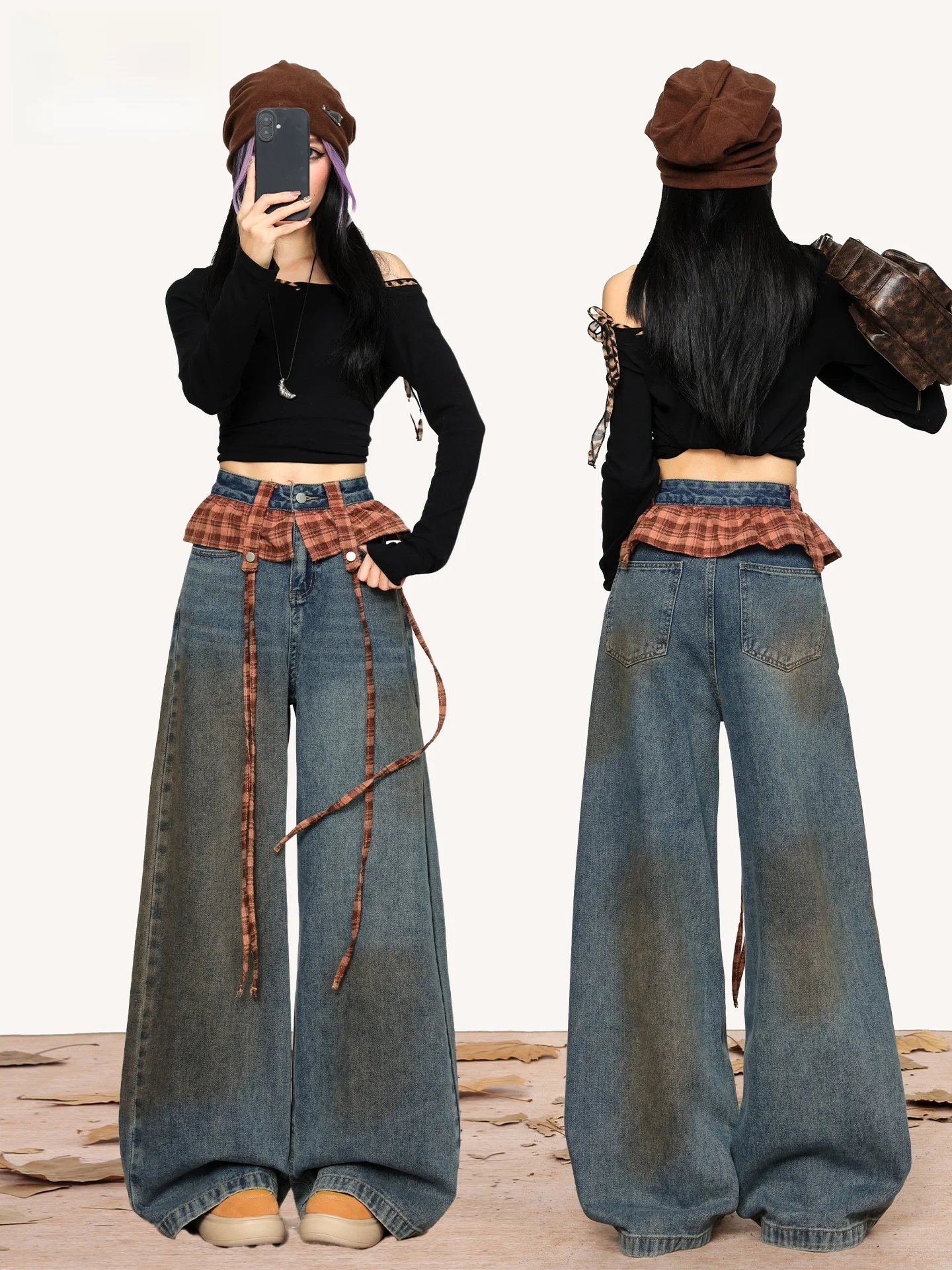 

Retro Blue American Plaid Wide Leg Jeans Women's New Summer Design Slimming Loose Fit Casual High Waist Denim Pants