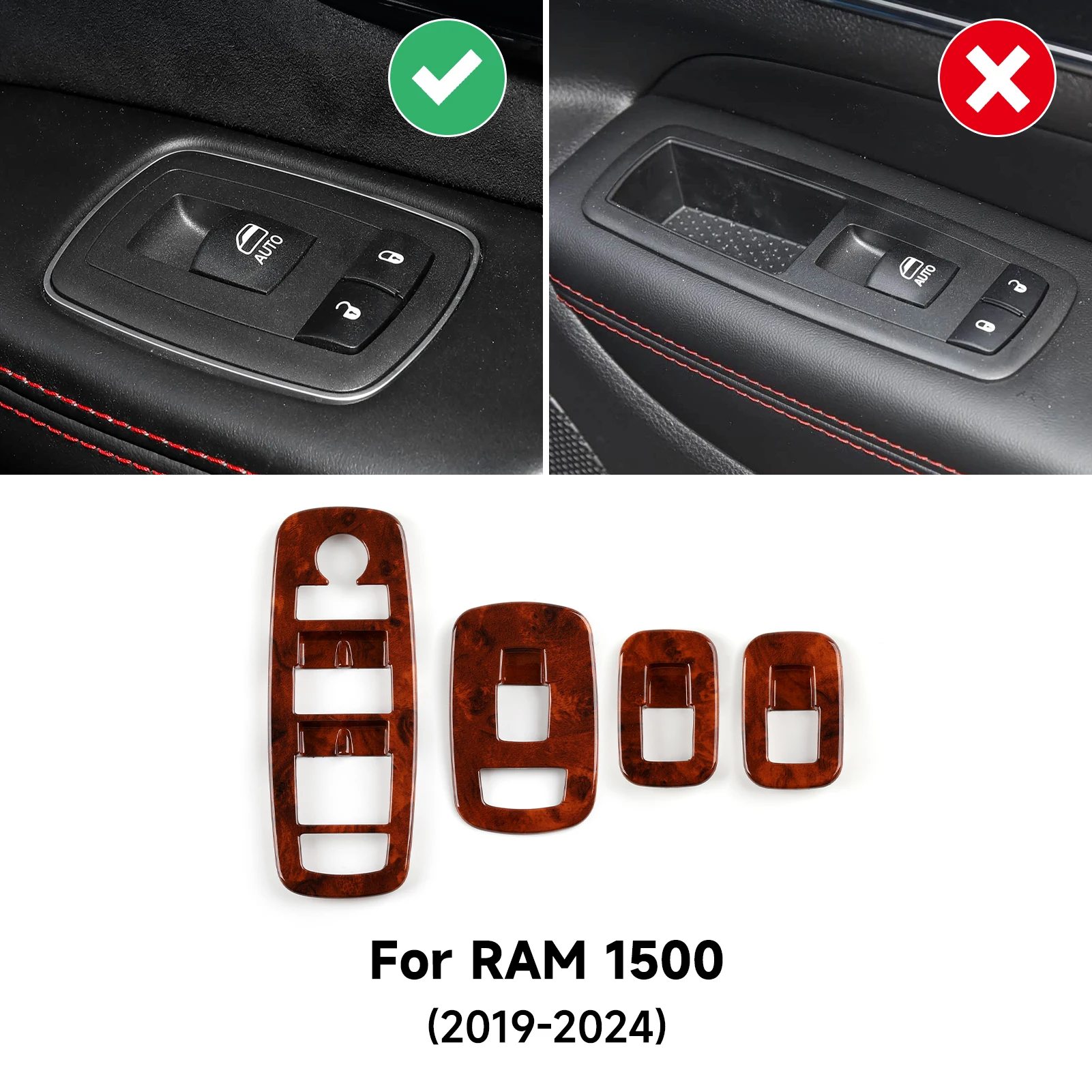 Car Window Lift Switch Button Panel. Wood Grain Interior Sticker.ABS Trim Accessories.For Dodge RAM 1500 2019-2026. - view 3