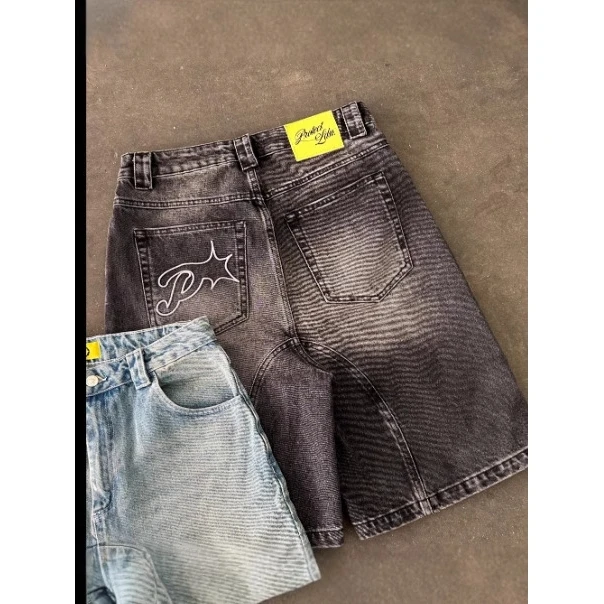 

Retro American Street Style Embroidered Casual Loose Washed Denim Five-Point Shorts Summer Men's Jeans Shorts Straight Leg