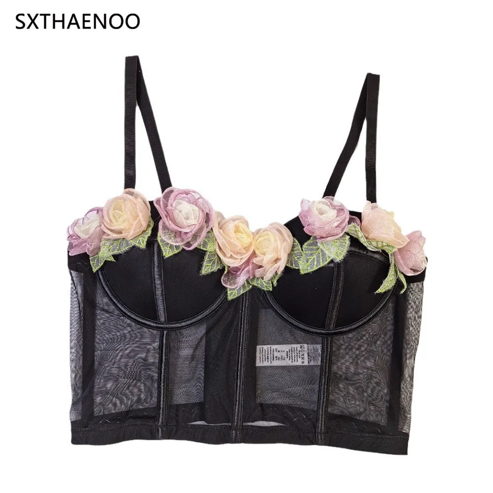 SXTHAENOO Bohemia Flower Women Cotton Crop Top Sexy Push Up Bustier Removable Strap Corset Bralette Tube Tanks Inner Camisole