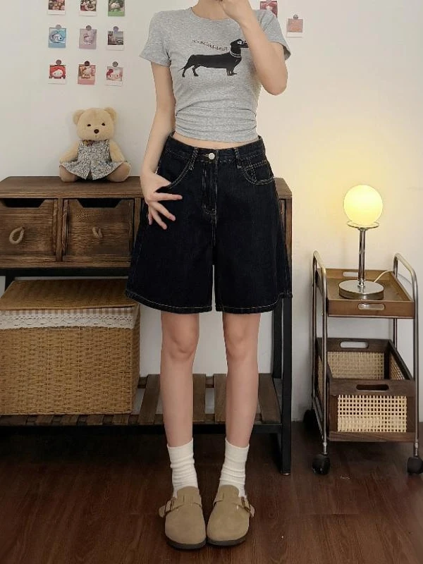 

Retro High Waist Denim Shorts Women Summer 2026 New plus Size Slimming Loose Casual Wide Leg Straight Cut Pants