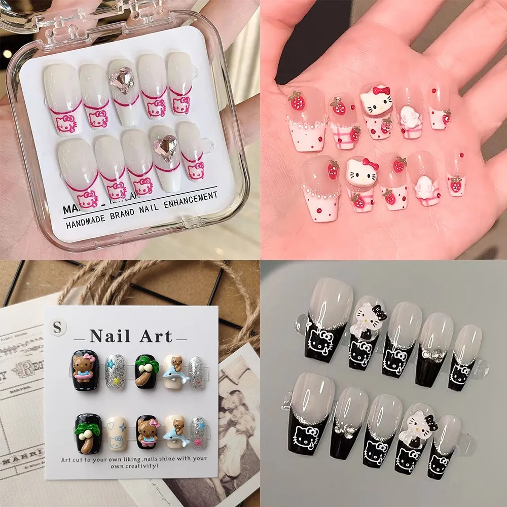 

Kawaii Cute Sanrio Hello Kitty Handwork Press-on Nails Schoolgirl Attachment Decoration Fake Nails Sweet Cute Festivals Gift