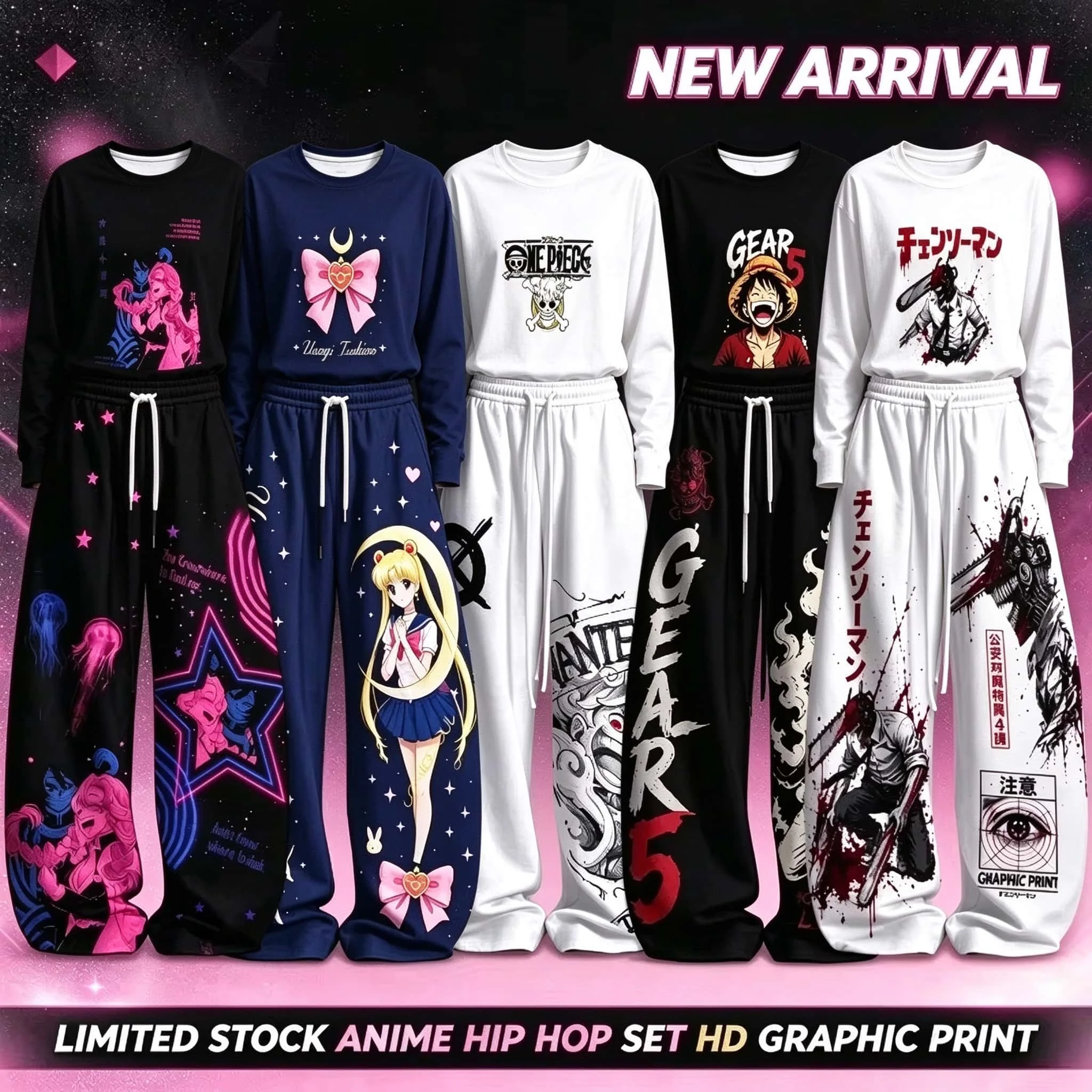 Japanese anime sportswear Luffy Gear 5 Sailor Moon Chainsaw Man Denji long sleeved wide leg pants set daily street style outfit