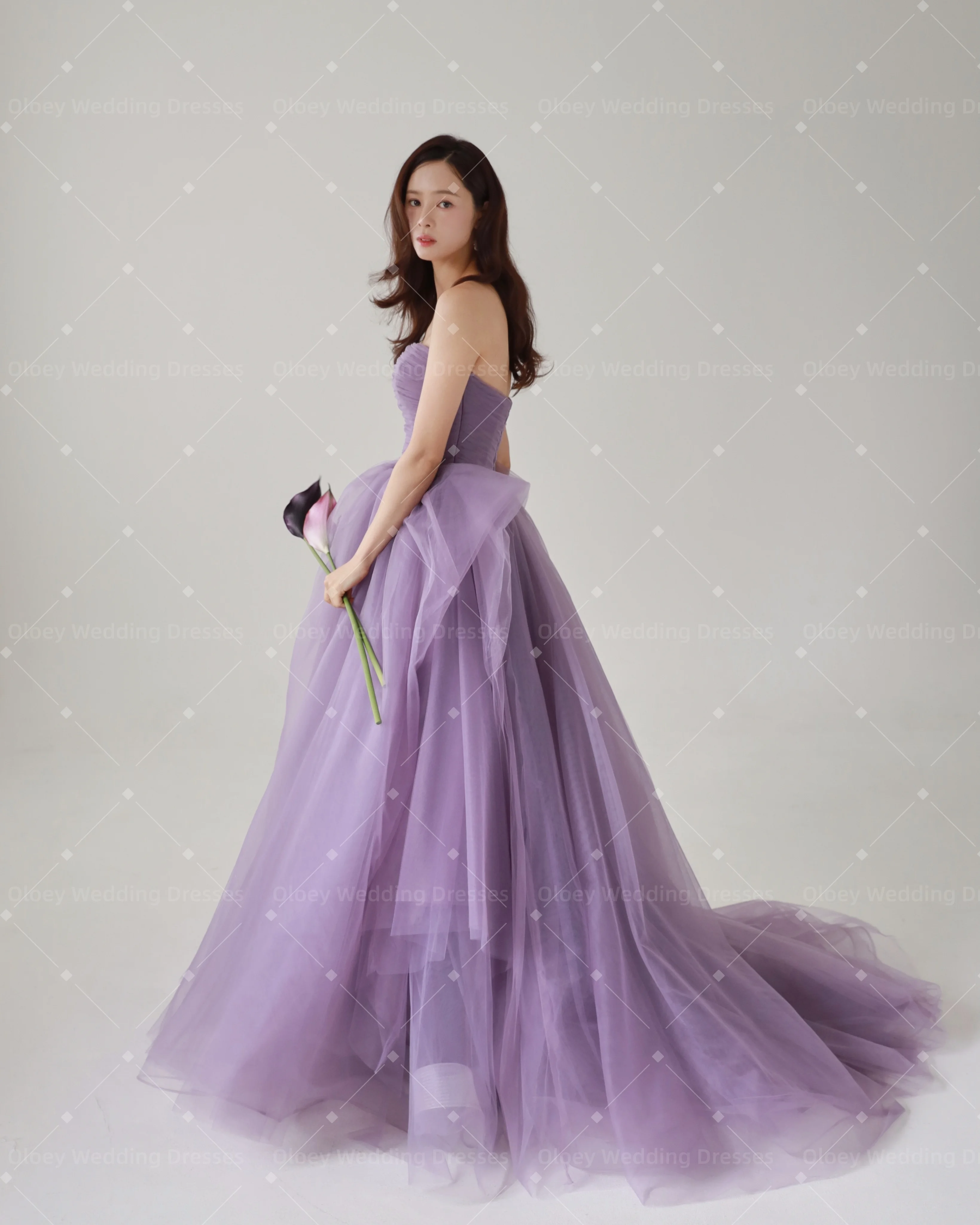 OLOEY Purple Detachable Shawl Princess Korea Prom Dress Customised A-line Strapless Evening Gowns Wedding Photoshoot Train