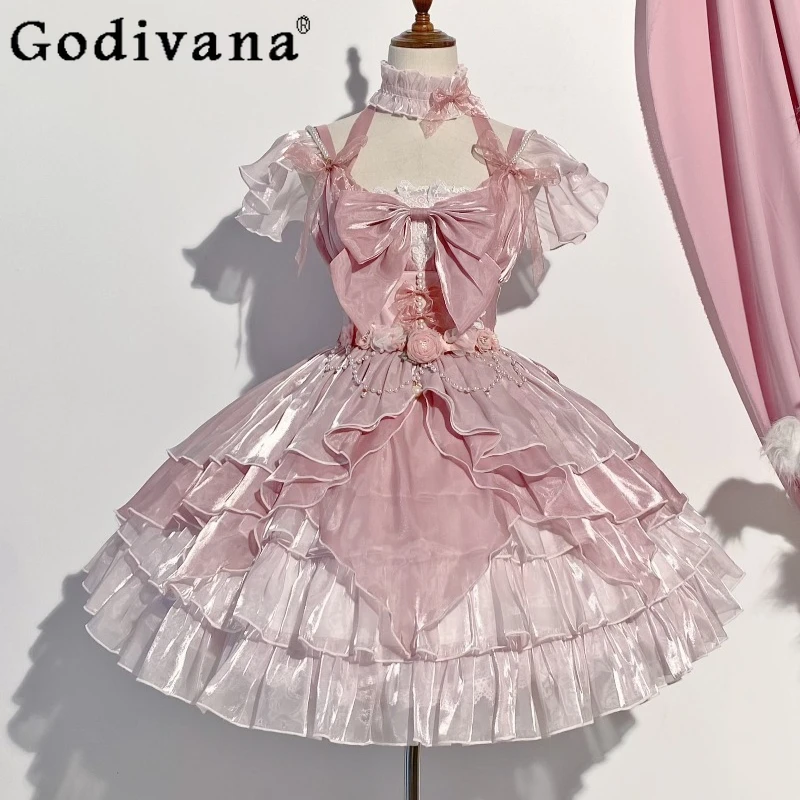 

Pink Lolita Wedding Dress for Women JSK Lolita Cute Sweet Gorgeous Dress Female Japanese Style Elegant Princess Birthday Dress
