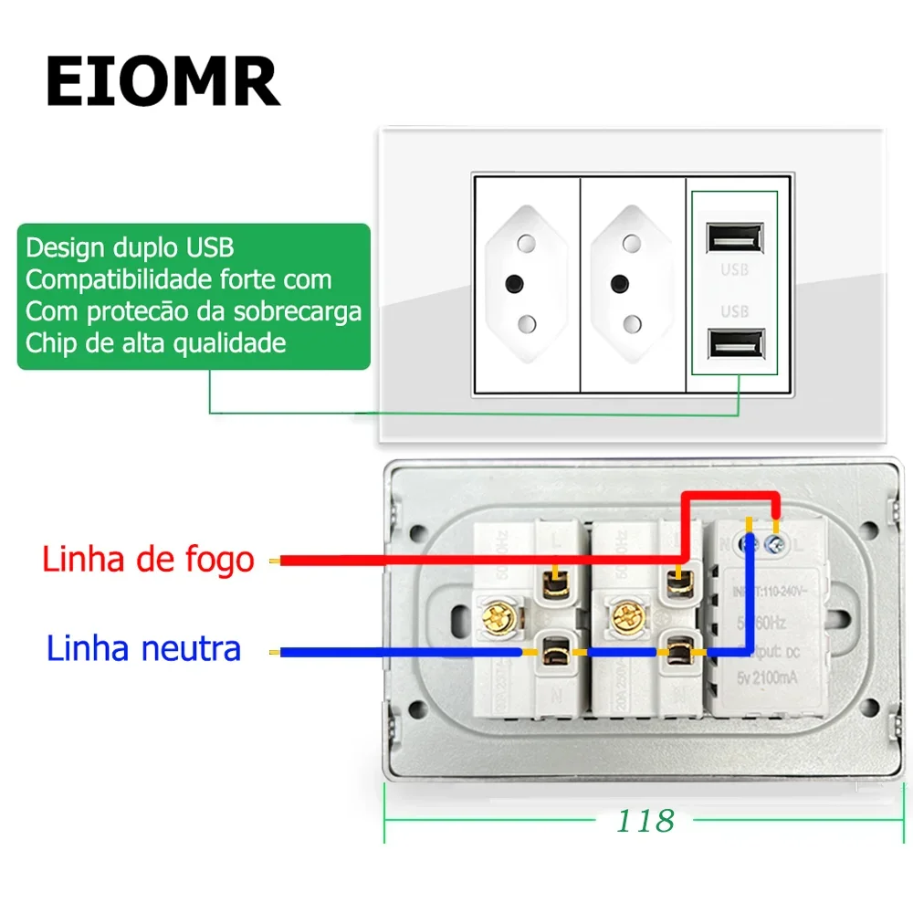 EIOMR White Tempered Glass USB Type C Brazil Standard Outlet, USB Charge TV TEL CAT6 Port, Brazil Plug Wall Socket Light Switch image 5