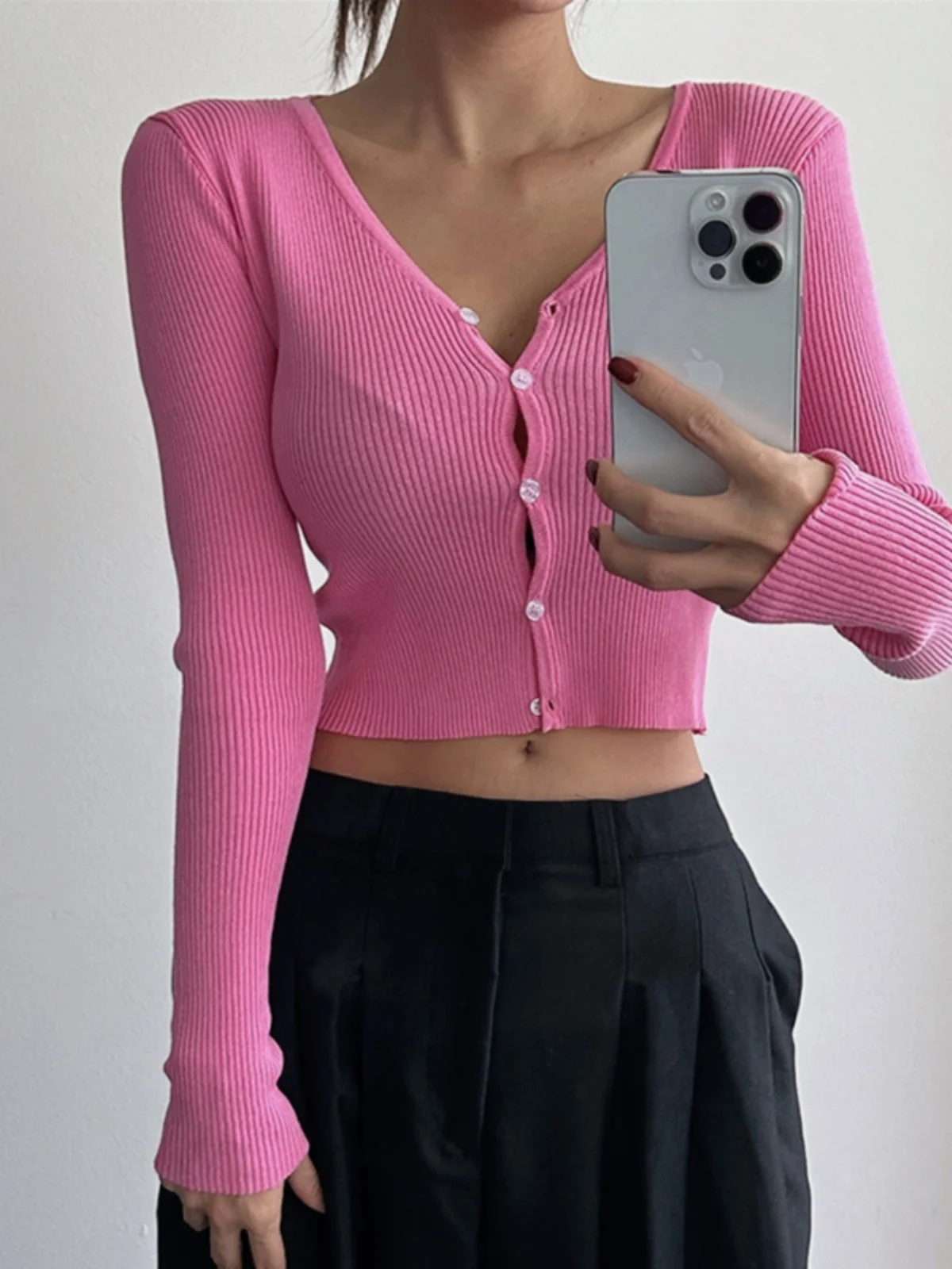 

Женский трикотаж Slim Fit с v-образным вырезом, длинный тонкий кардиган на одной пуговице, однотонный топ для поездок на работу, корейская версия