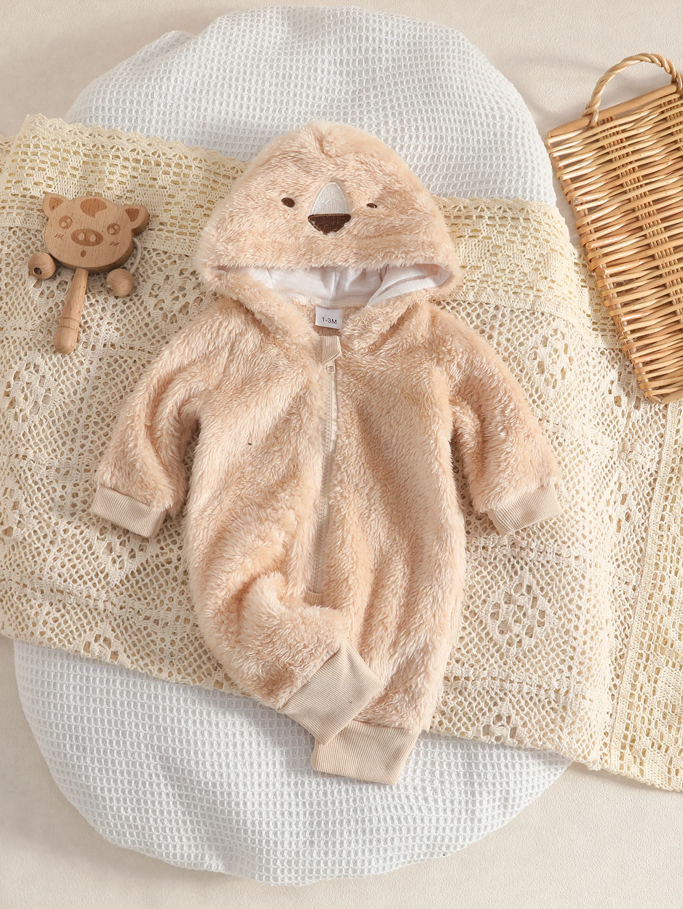Baby Plush Romper with Hat Adorable Pet Design Winter Warm Baby Comfortable Clothing Pet Shape Baby Bodysuit for Babies