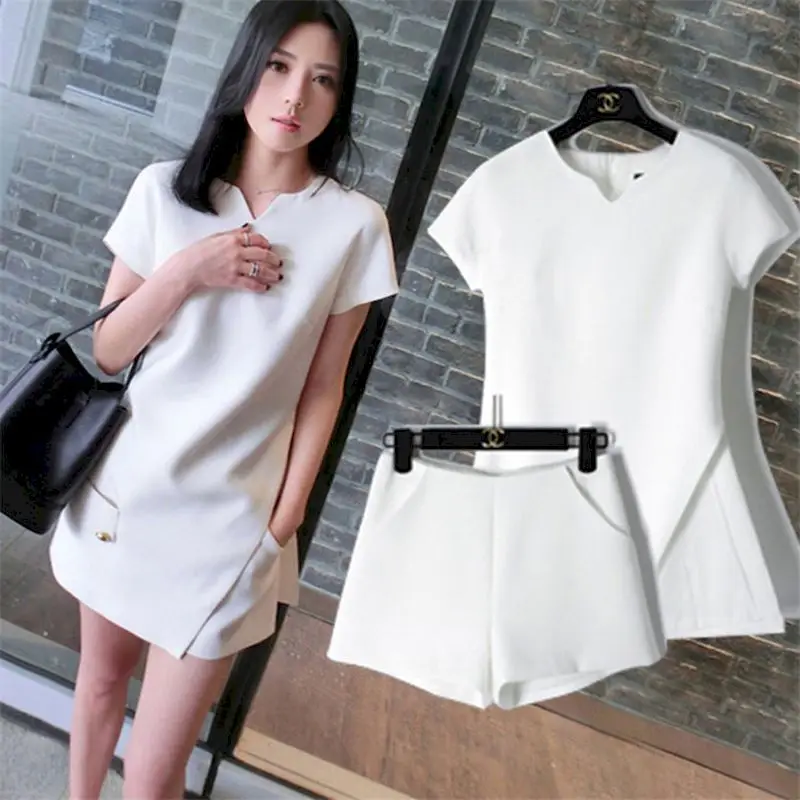 Fashion Suits Women Summer 2024 New Korean Temperament Short Sleeve T Shirt Split Irregular Shirt and Shorts Thin 2 Piece Sets