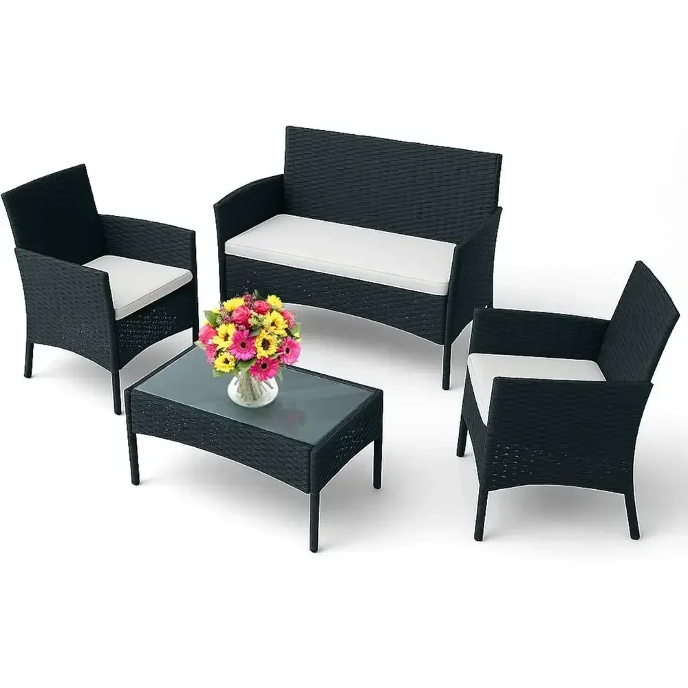 4-Piece Outdoor Patio Furniture Set: 2 Wicker Chairs, Loveseat, Glass Top Coffee Table with Cushions - Ideal for Porch, Balcony,