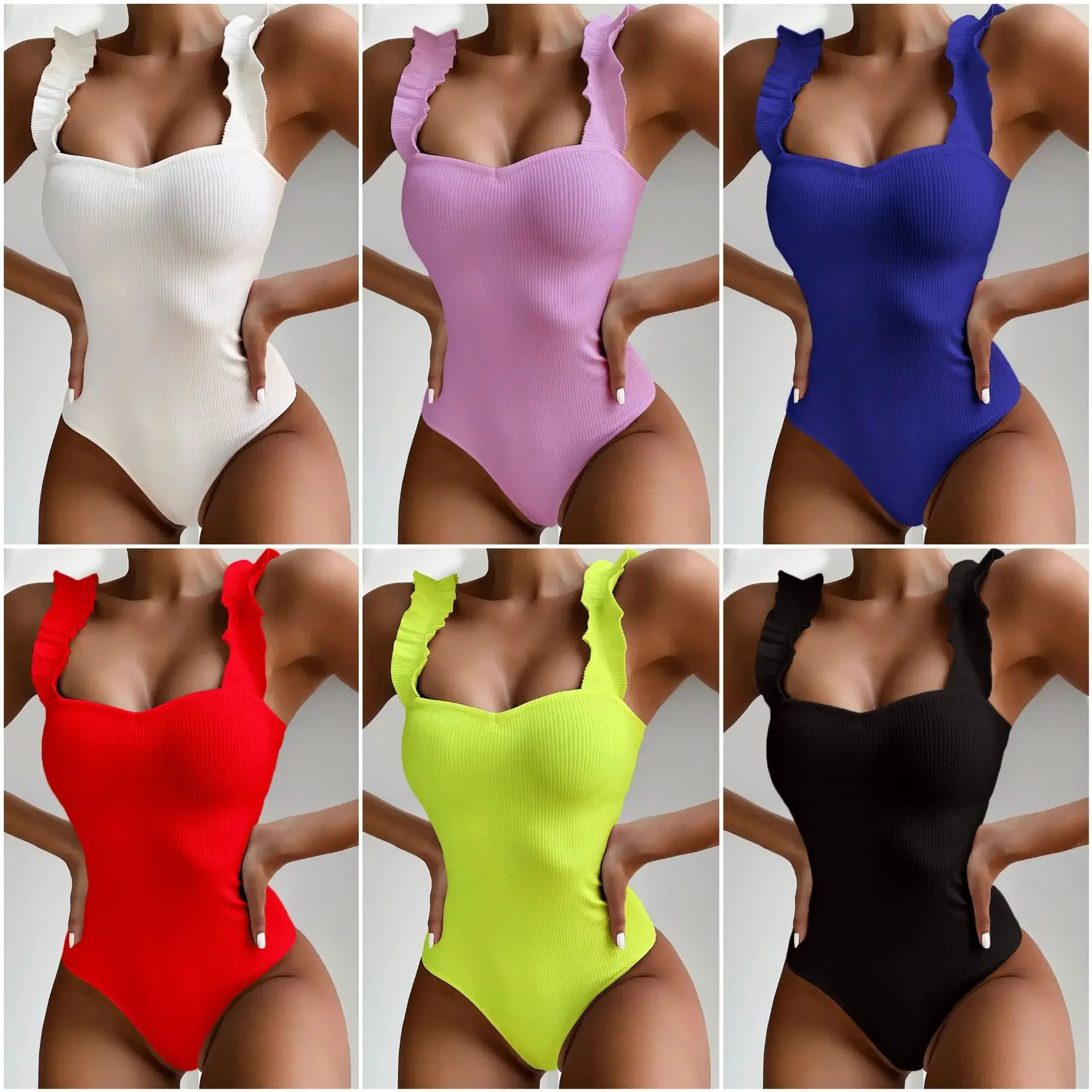 

2021 New Sexy Female Swimsuit Vintage One Piece Ruffled Push Up Solid Red Swimwear Women Monokini Padded Bathing Suits