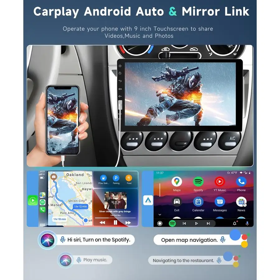 ستيريو سيارة فردي Din مع Carplay Android Auto، 9 بوصة 1024x600 HD IPS شاشة تعمل باللمس بلوتوث FM AM راديو مرآة Link SWC، Car Audi