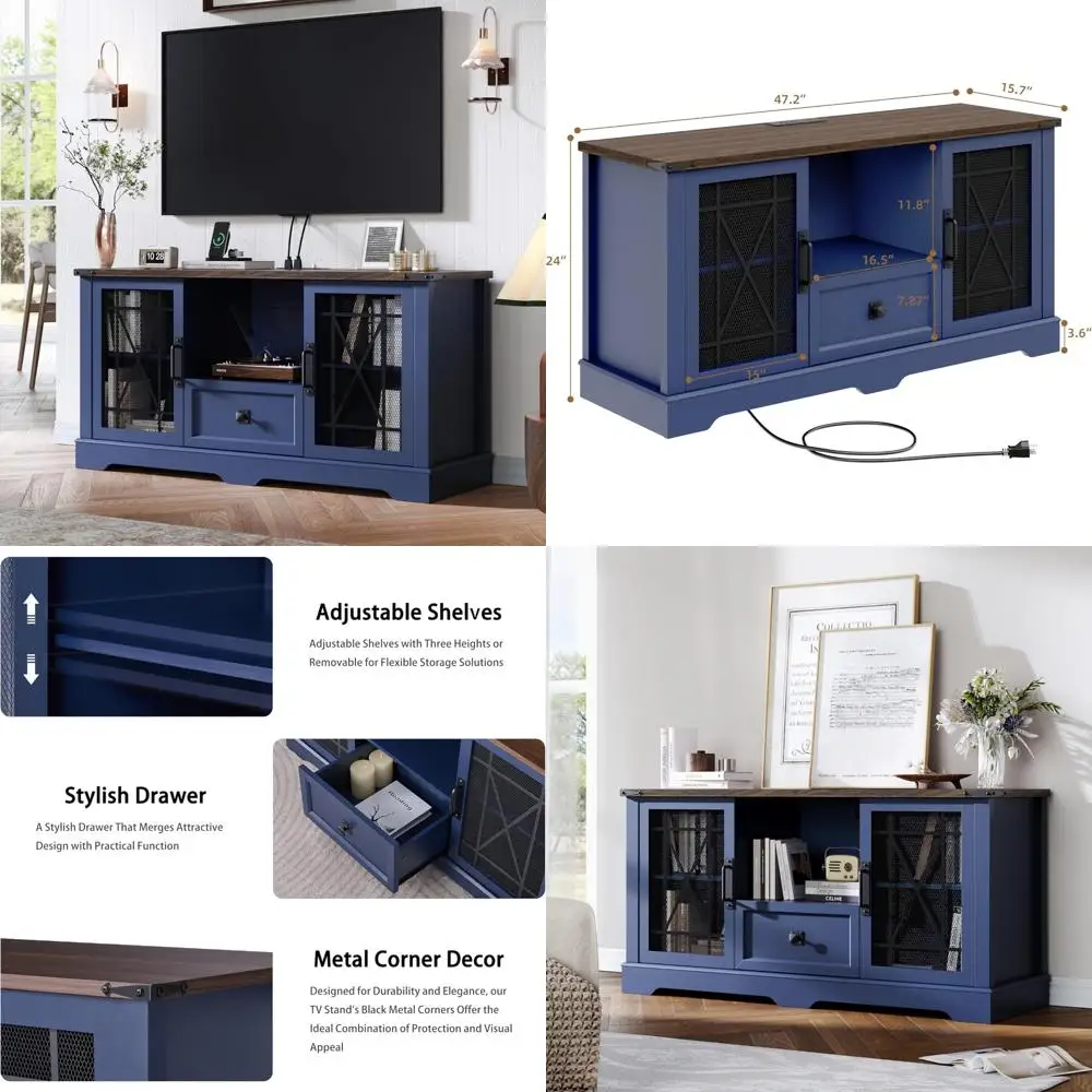 وحدة تحكم بحامل تلفزيون حديثة لـ 55 تلفزيونًا مع أرفف قابلة للتعديل ومحطة شحن مركز ترفيه