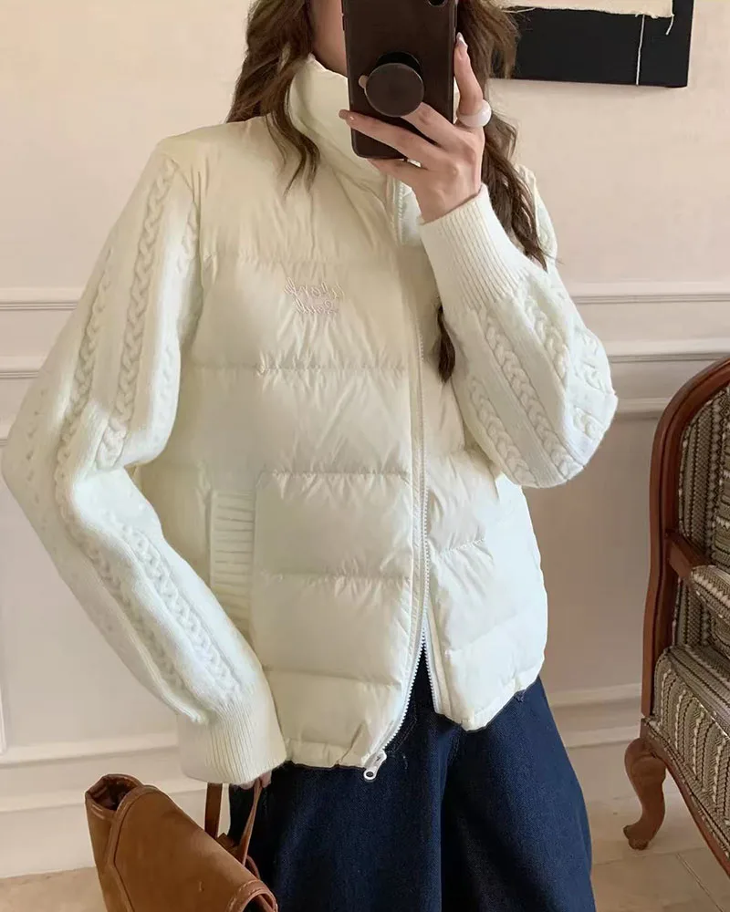 Winter Patchwork Parkas for Women Thick Warm Knitted Sleeve Splicing Puffy Coats Korean Loose Preppy Zipper Down Outwear New