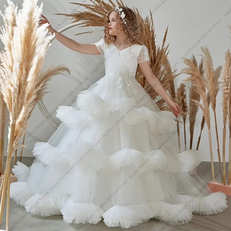 

Angel Novias Long Tiered Ruffle Ball Gown Flower Girl Dress Floor Length Lace First Holy Communion Wedding Party Dress