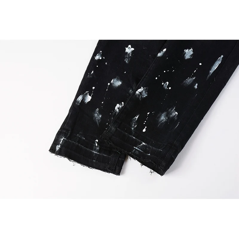 Męskie amerykańskie spodnie Streetwear Distressed Black Skinny Splash Paints Holes Button Fly Ripped Jeans Pants