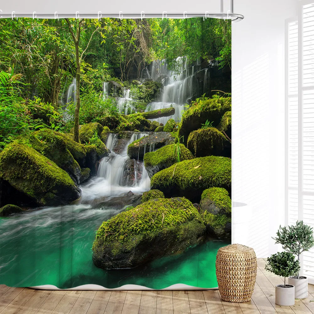 

Forest Shower Curtain, Rainforest Nature Scenery Waterfalls Rivers Trees Deep Forest Green Prints Home Bathroom Decoration