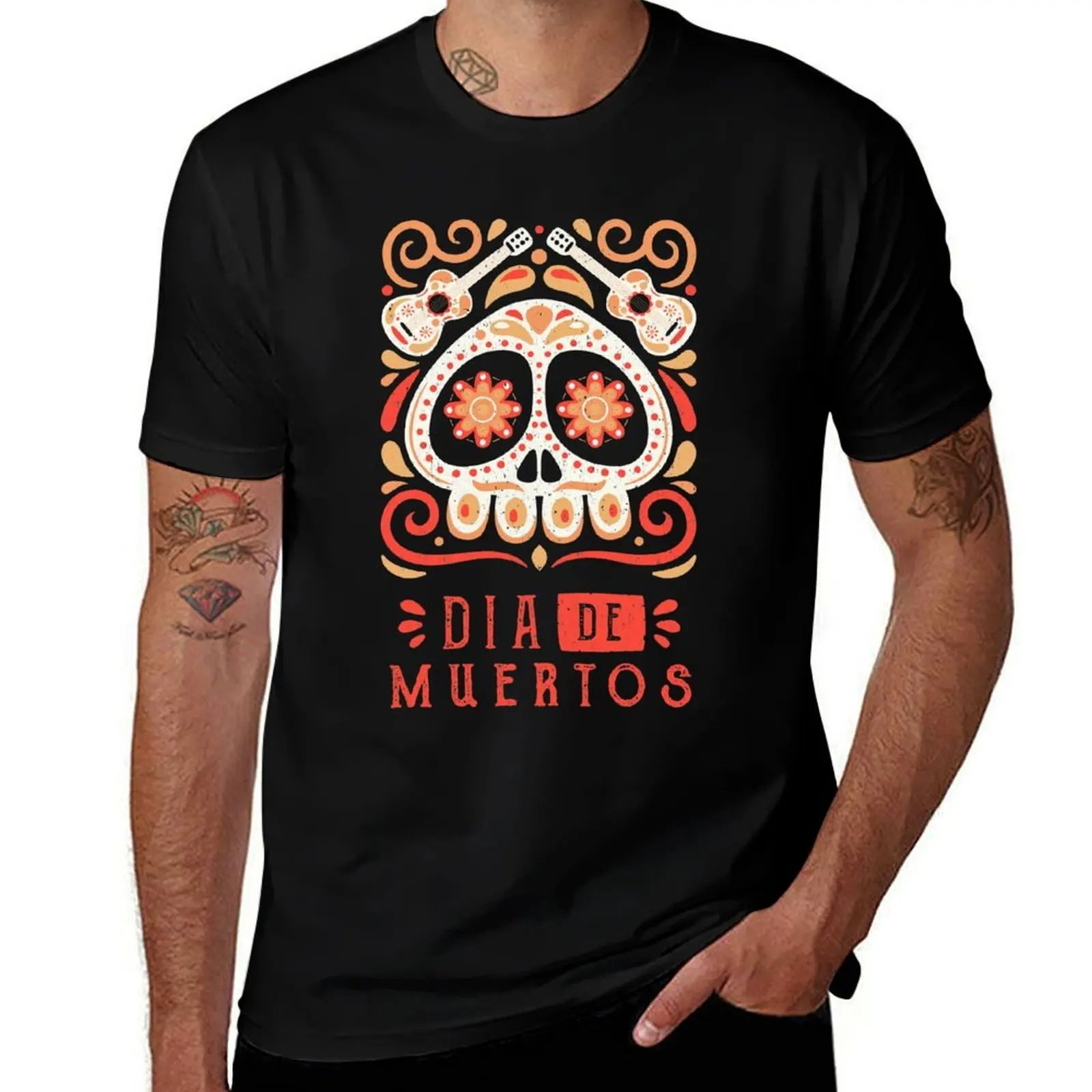 

Dia de Muertos, Mexican Day of the Dead Sugar Skull & Guitars Design T-Shirt t shirts for man graphic funny T-Shirt