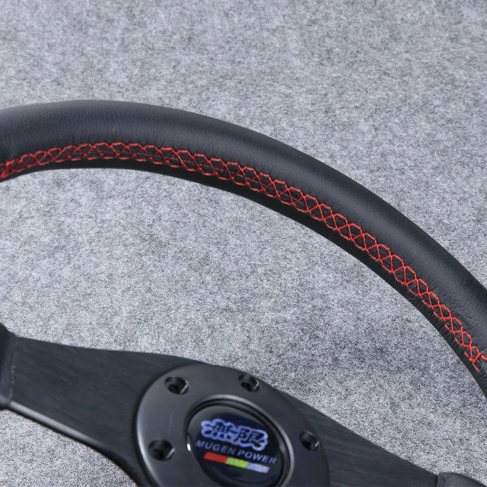 350mm 14inch Mugen Sport Steering Wheel Genuine Leather with Red Stitching Racing Car Tuning Drift