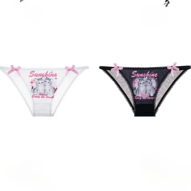 Y2K Sweet Girl Cat Printed Cute Panties Women\'s Lace Hollow Out Sexy Underwear Cotton Crotch Breathable Soft Briefs Lingerie