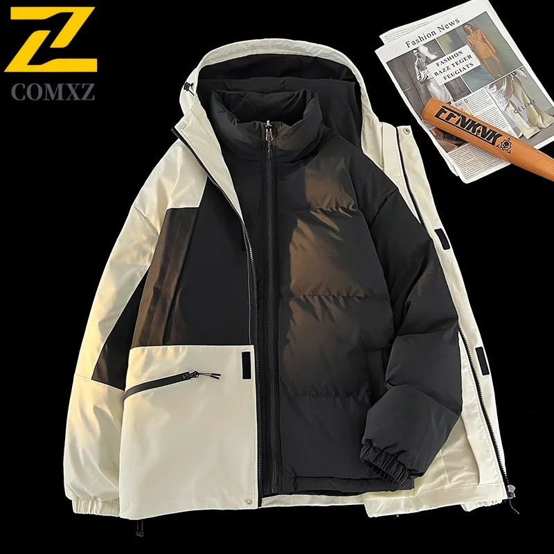 

COMXZ 2025 American Color Block Hooded Cotton Jacket Men Autumn Winter Bread Style Three In One Thick Loose Couple Parka