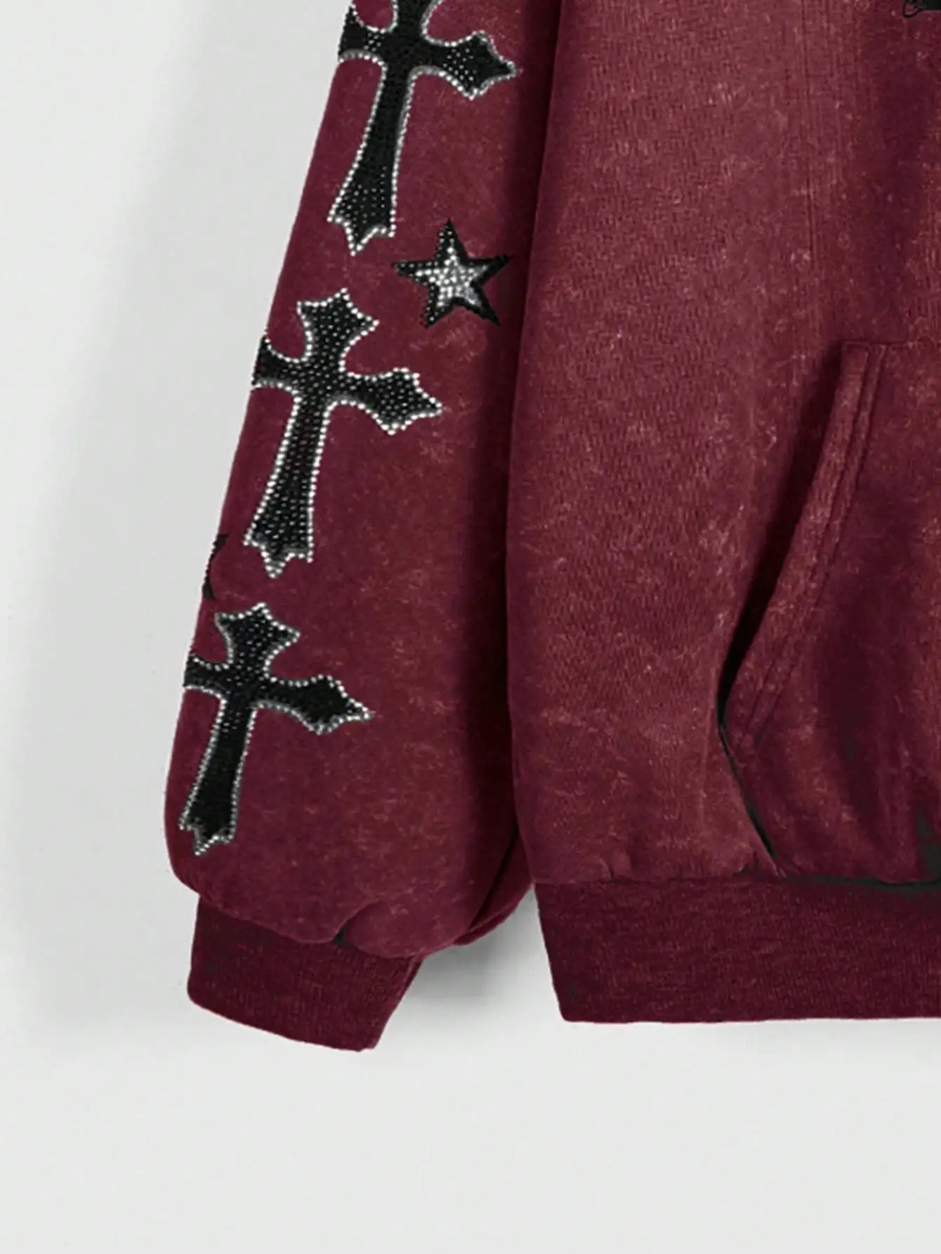 Sudadera con capucha gótica de ala y diamantes de imitación cruzados con capucha de piel sintética, sudadera cálida con cremallera de invierno para mujer