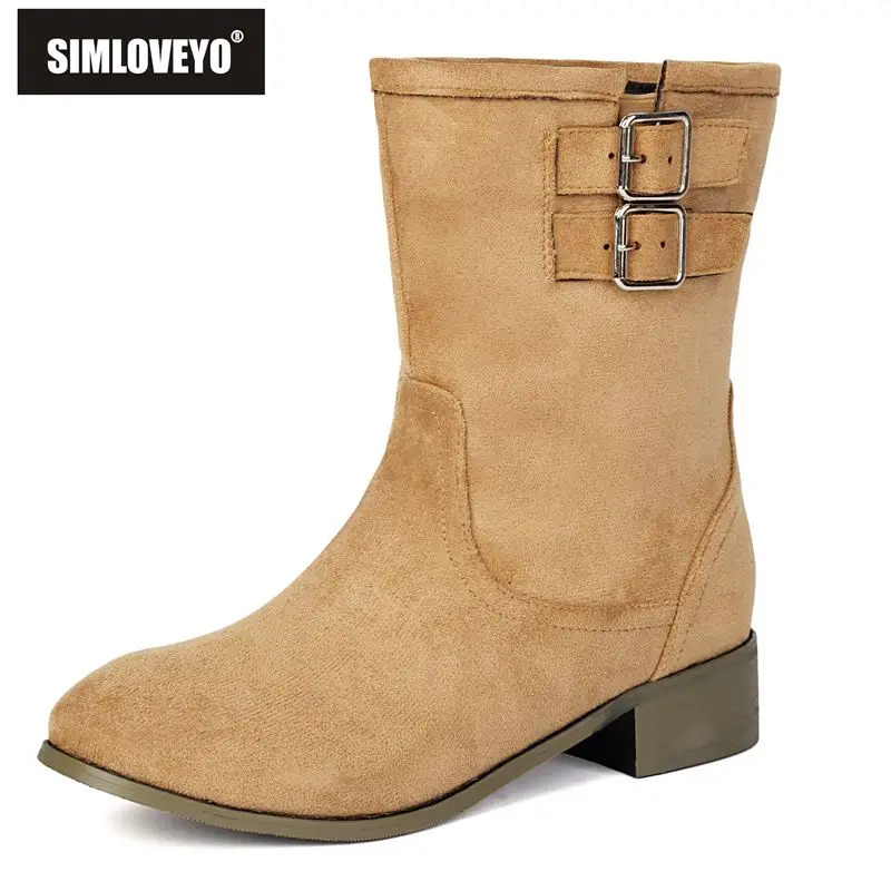 

SIMLOVEYO/Новые женские ботинки до середины икры из флока, замша, круглый носок, блочный каблук 3 см, без шнуровки, пряжки на ремне, большие размеры 46-48, розовая осень