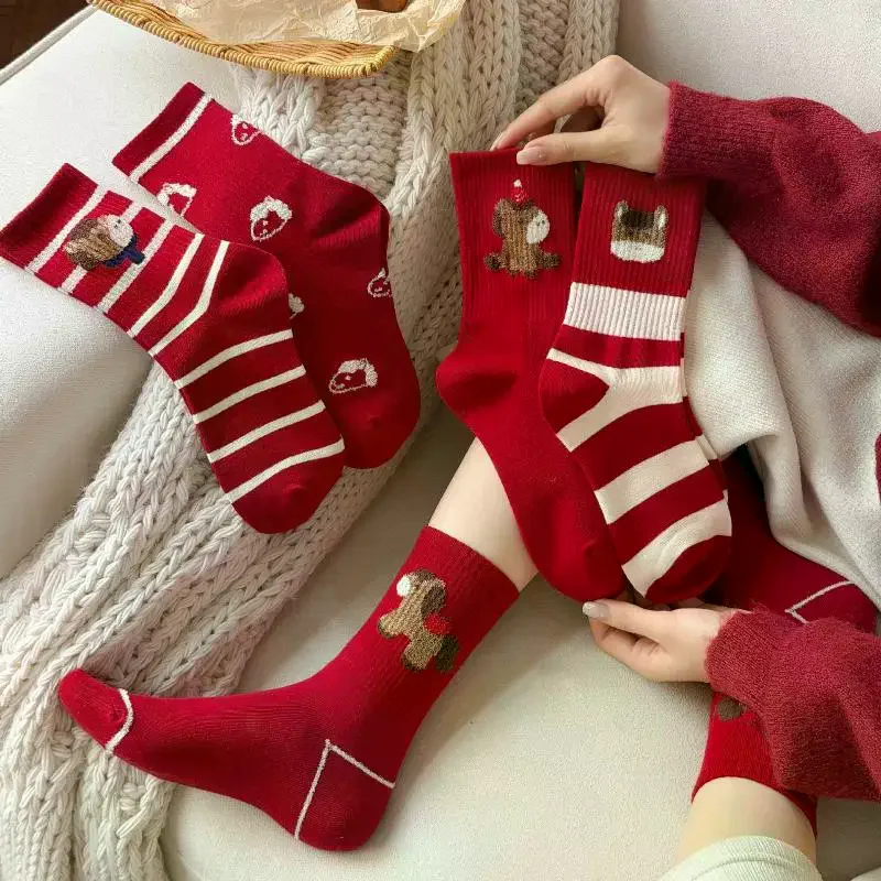 

【W】Red Color Women's Cotton Ankle Socks - Thick Soft Crew Socks For Cold Weather, Breathable & Warm