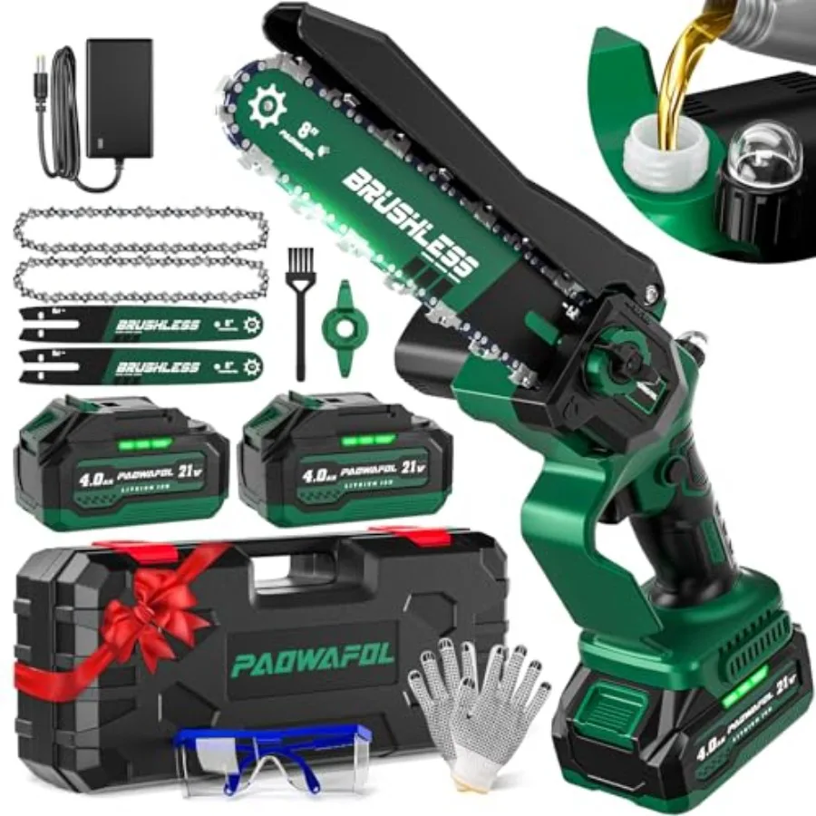 

Mini Chainsaw Cordless 2026 Upgraded 8 Inch Brushless Electric Chain Saw with 2 Pack Rechargeable 21v 4000mAh Batteries Battery
