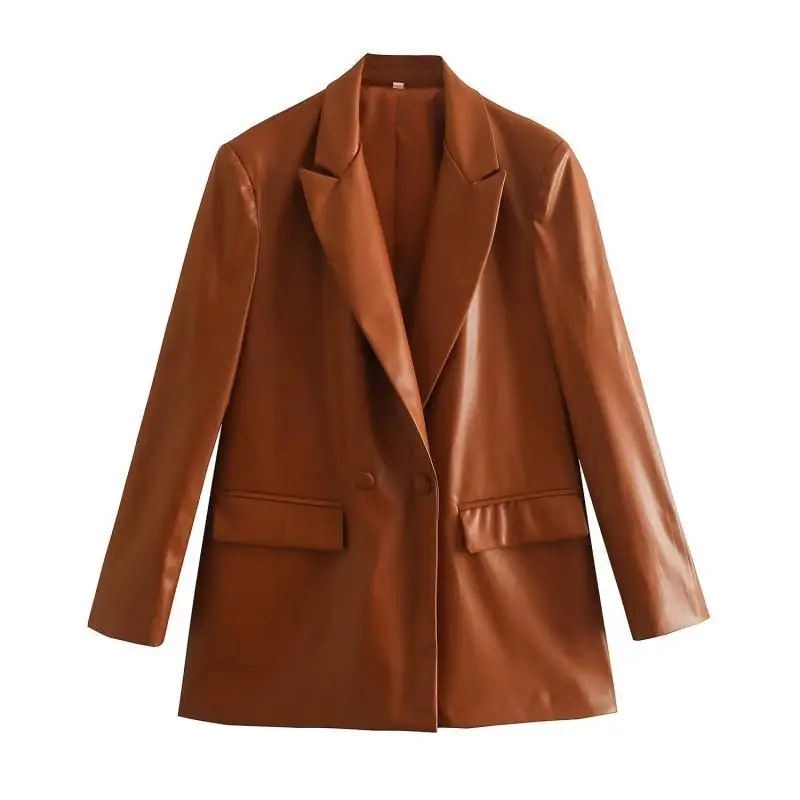 

Spring Women Korean Loose Brown Faux Leather Suit Jacket Casual Streetwear Lapel Double-breasted Long Sleeve Female Blazers Coat