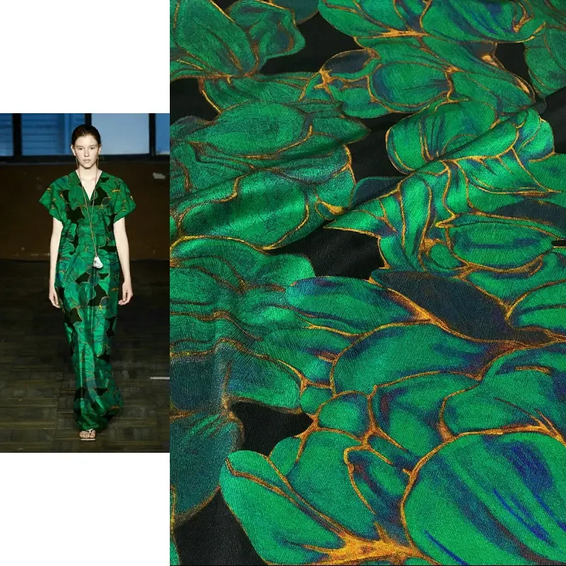 

Шелковая эластичная атласная дизайнерская ткань с рисунком «елочка», зеленая шелковая рубашка с цветочным принтом, ткань для шитья, метр