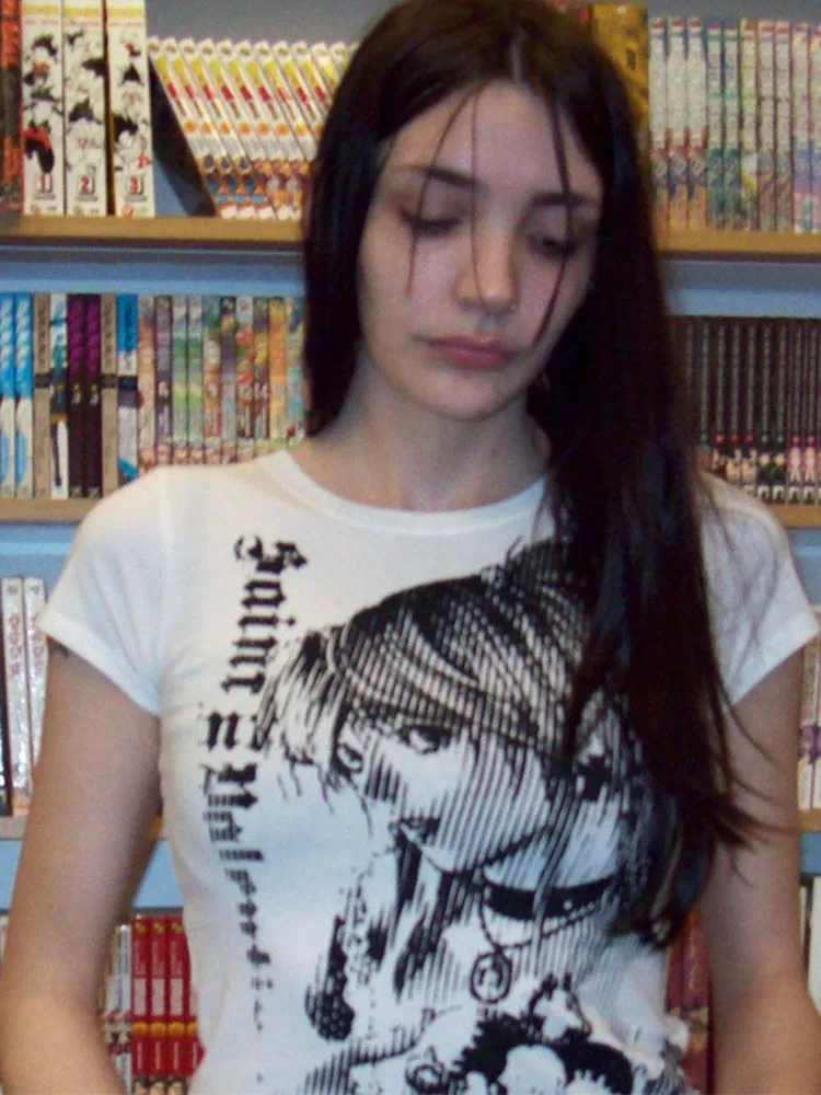 المرأة الجديدة Y2k أنيمي الشارع ارتداء س الرقبة 90s النص قميص مطبوع Harajuku ملابس نسائية بسيطة الرجعية Umbilized تي شيرت الجمالية ايمو