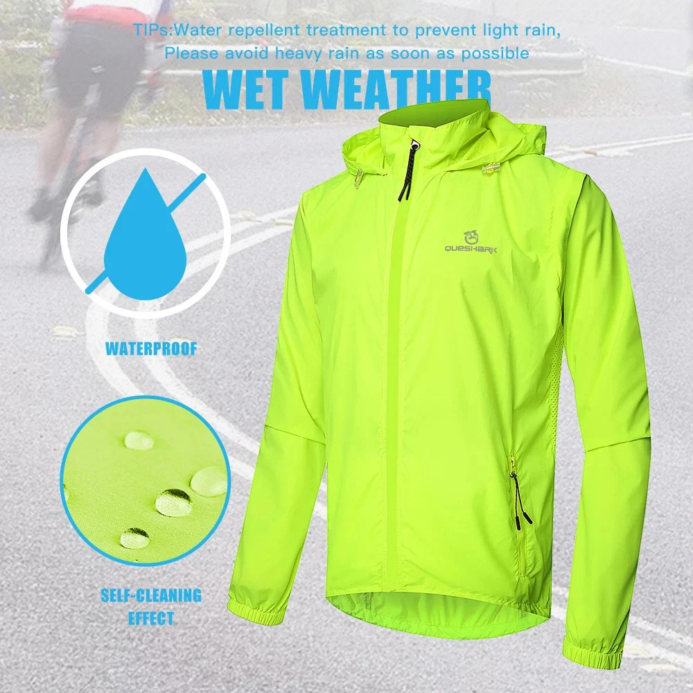 Men Reflective Cycling Jacket Hooded Windproof Waterproof Reflect Light Removable Long Sleeves Breathe Sleeveless Vest Bike Coat