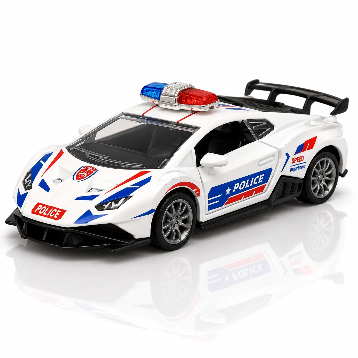 MQUDUO White Police Supercar Model, Red Blue Patrol Car with Opening Door and Rear Wing, Christmas Birthday Gift for Car Fans