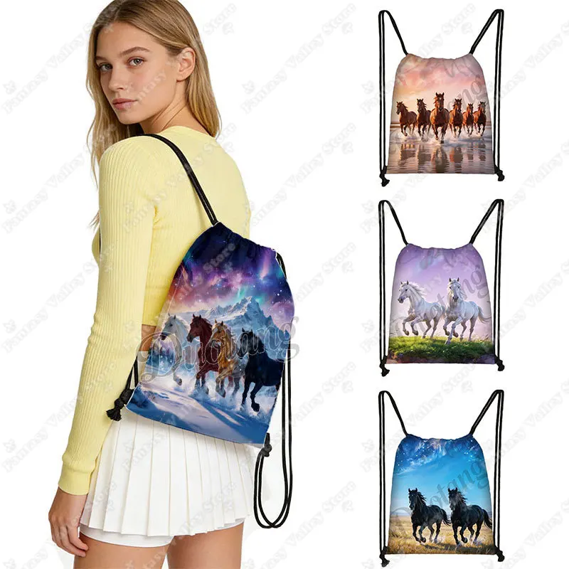 The Racing Horse Graphic Print Graphic Pattern Backpack Galloping Horse Women Drawstring Bag Large Storage Bookbag Shoe Holder