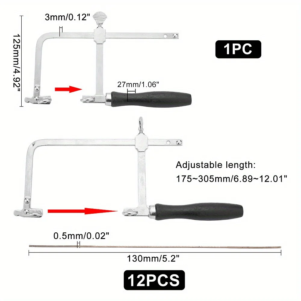 U-Shaped Jewelers Saw Frame with 12 Blades Adjustable Spiral Saw for Metal Stamping Jewelry Making and Craft Tools
