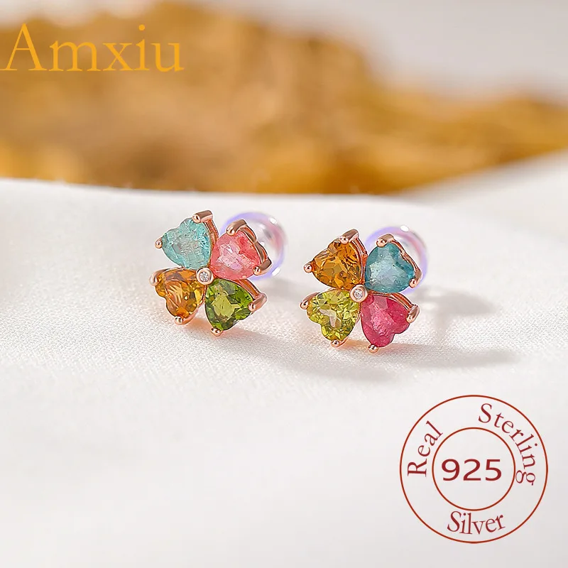 

Серьги Amxiu из стерлингового серебра 925 пробы с цветным турмалином и покрытием из розового золота в форме сердца в форме клевера с цветком допамина