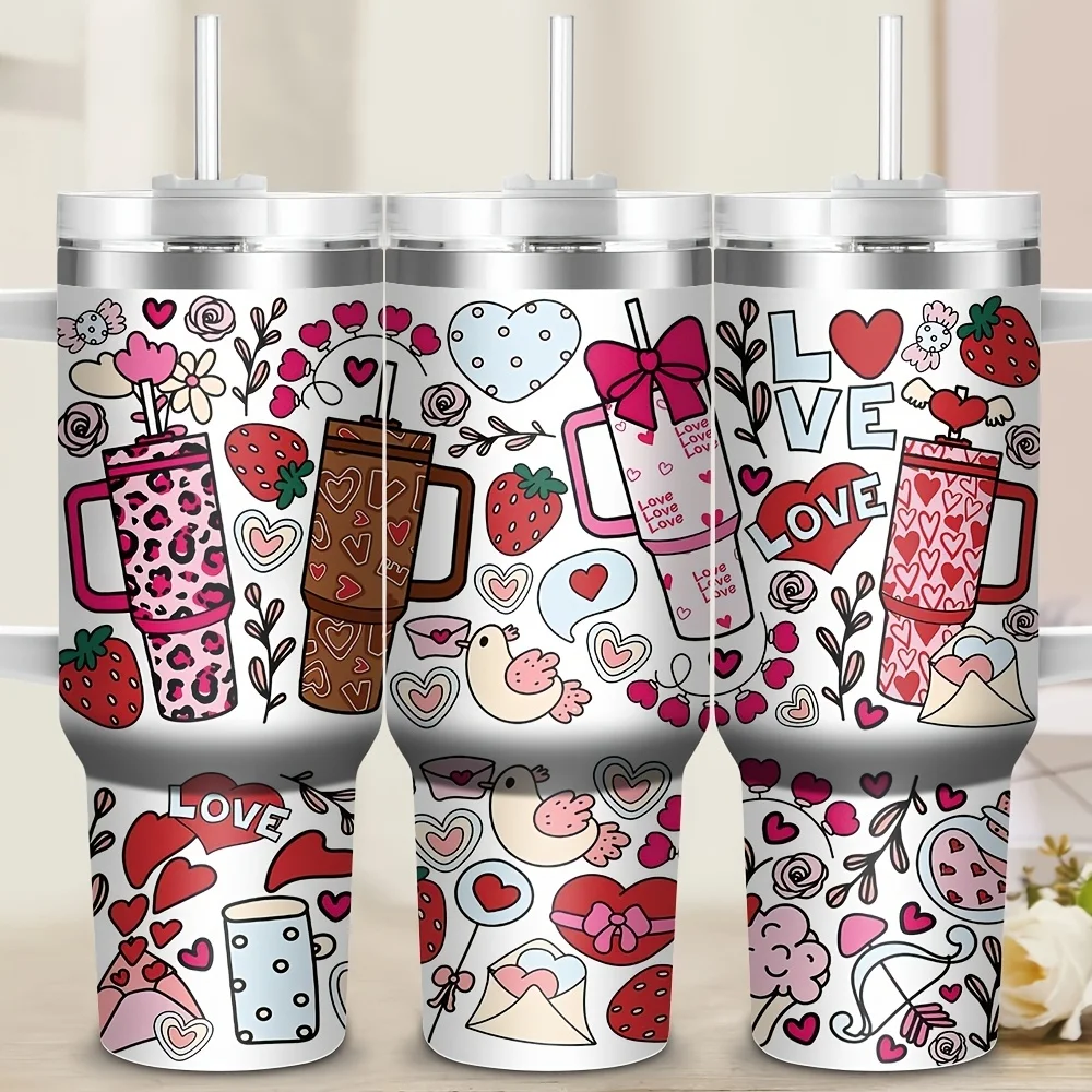 Valentine's Day Stainless Steel Glass - Insulated Coffee Cup With Straw, Reusable, BPA Free, Shattered, Travel Camping, Perfect