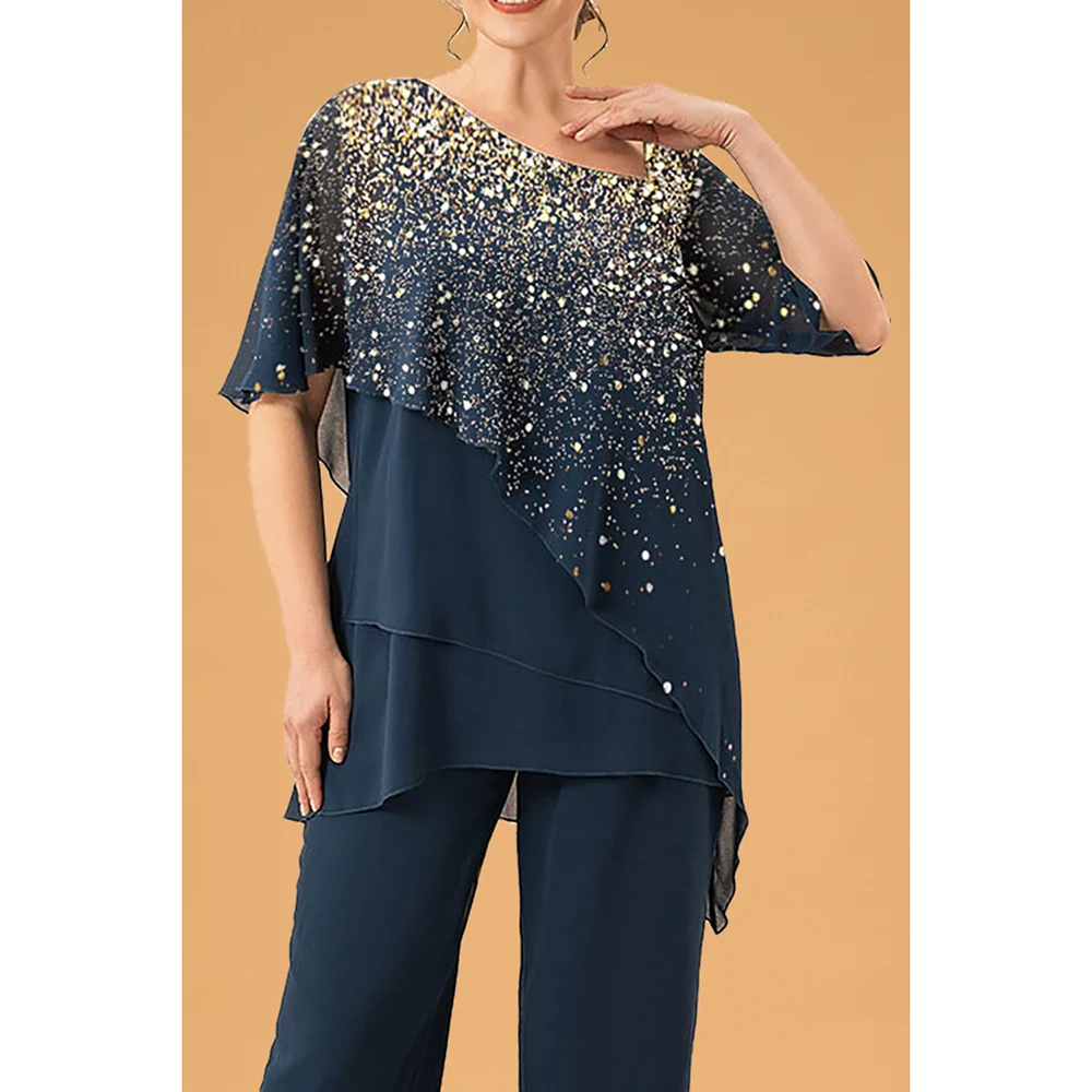 Plus Size Formal Slate Blue Chiffon Glitter Print Irregular Hem Wide Leg Two Piece Pant Suit