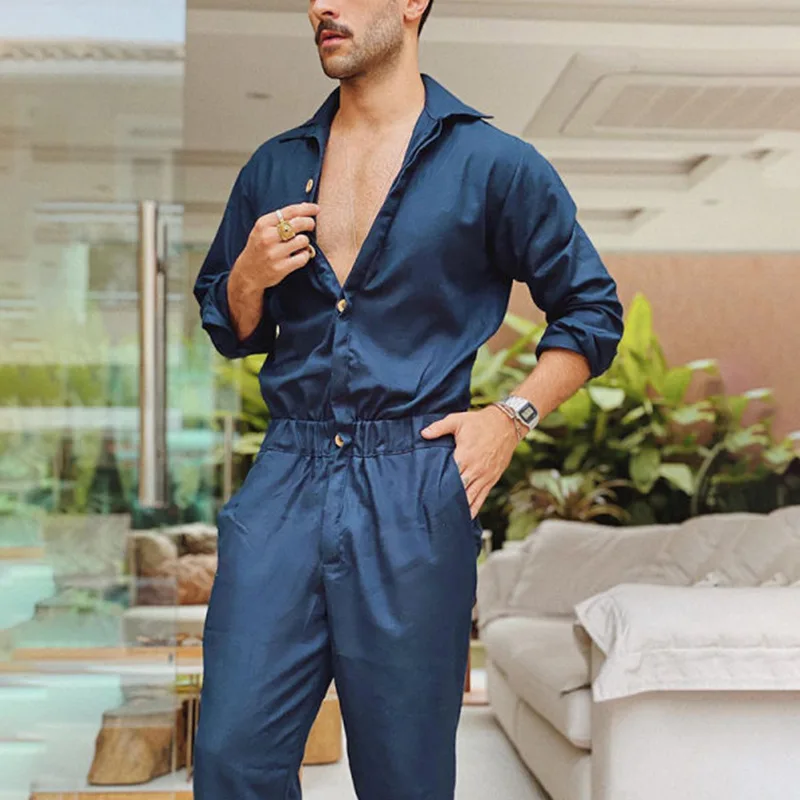 

Briti Sle Men's Jumpsuit Long Sve Waist-Cinched Color One-Piece High Waist Long Pants Thin Fabric Spring Collection