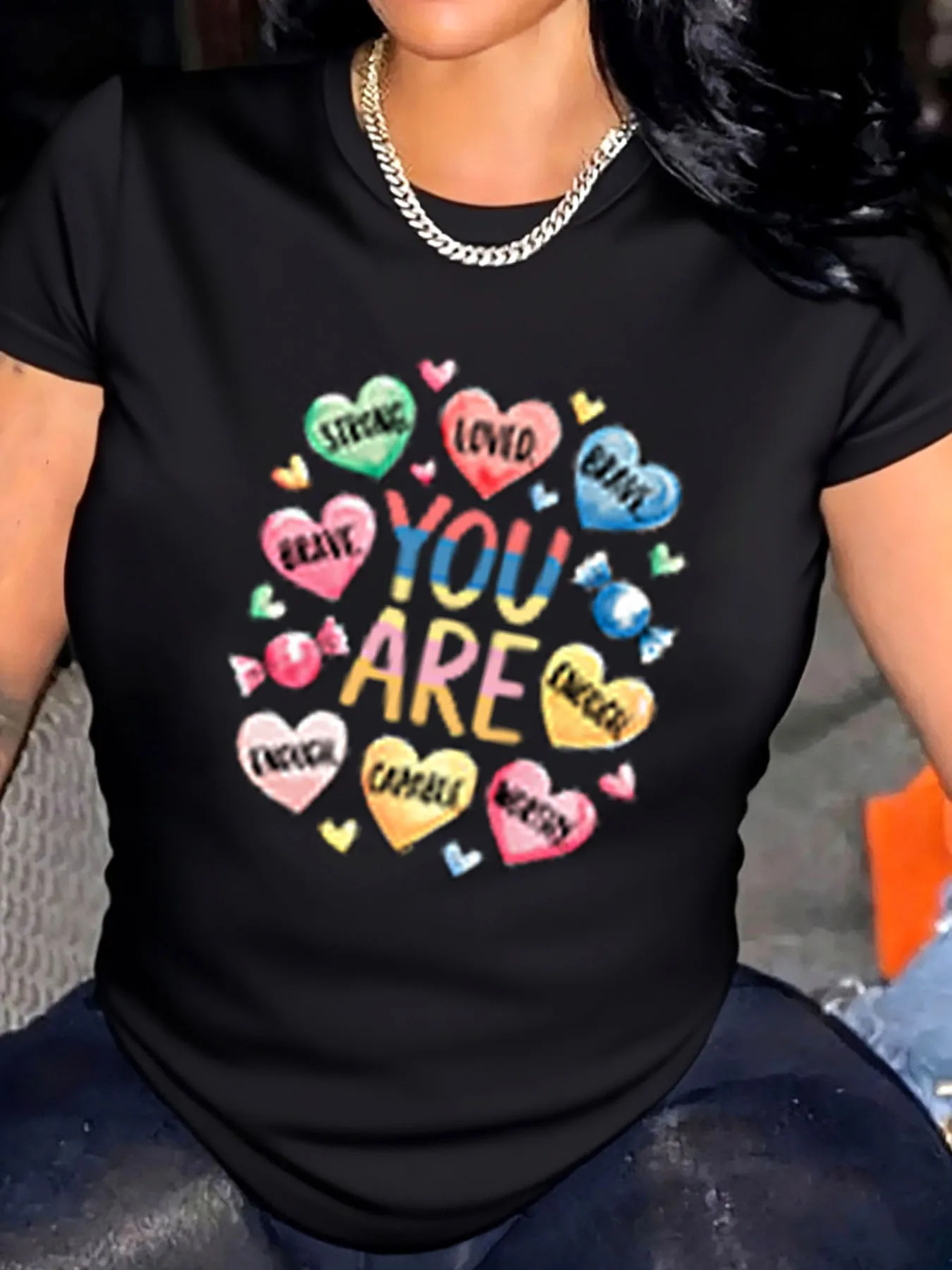 Camiseta feminina plus size dia dos namorados coração amor você é forte corajoso amado bonito impressão gráfica roupa ao ar livre